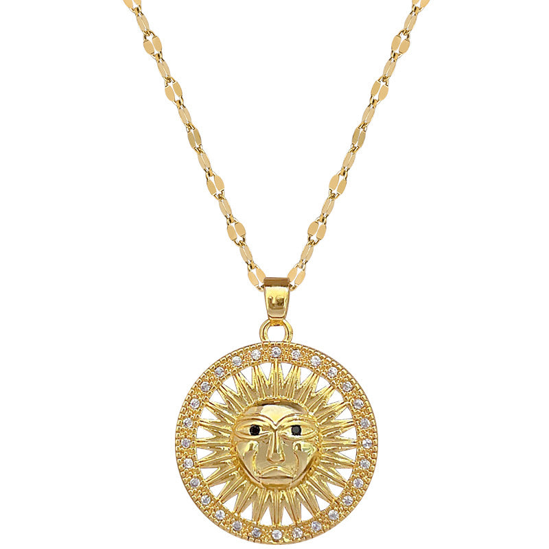 Collana pendente a girasole geometrico minimalista in acciaio al titanio con accenti di strass per uomo e donna