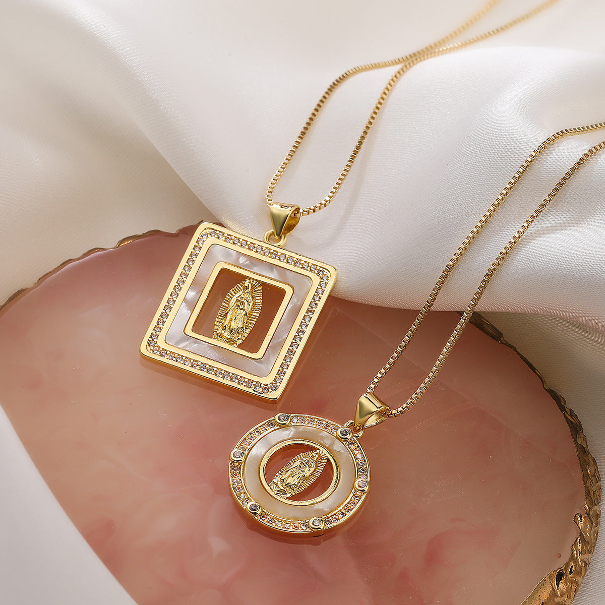 Minimalist Geometric Mother Mary Shell Pendant Necklace for Women with Copper Base and 18K Gold Plating, Zircon Inlay