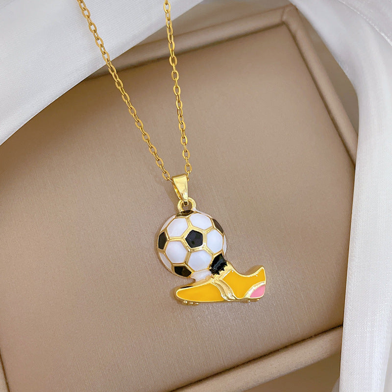 Sweet Sporty Geometric Drip Oil Rhinestone Soccer Shoe Pendant Necklace Titanium Steel Chain for Unisex