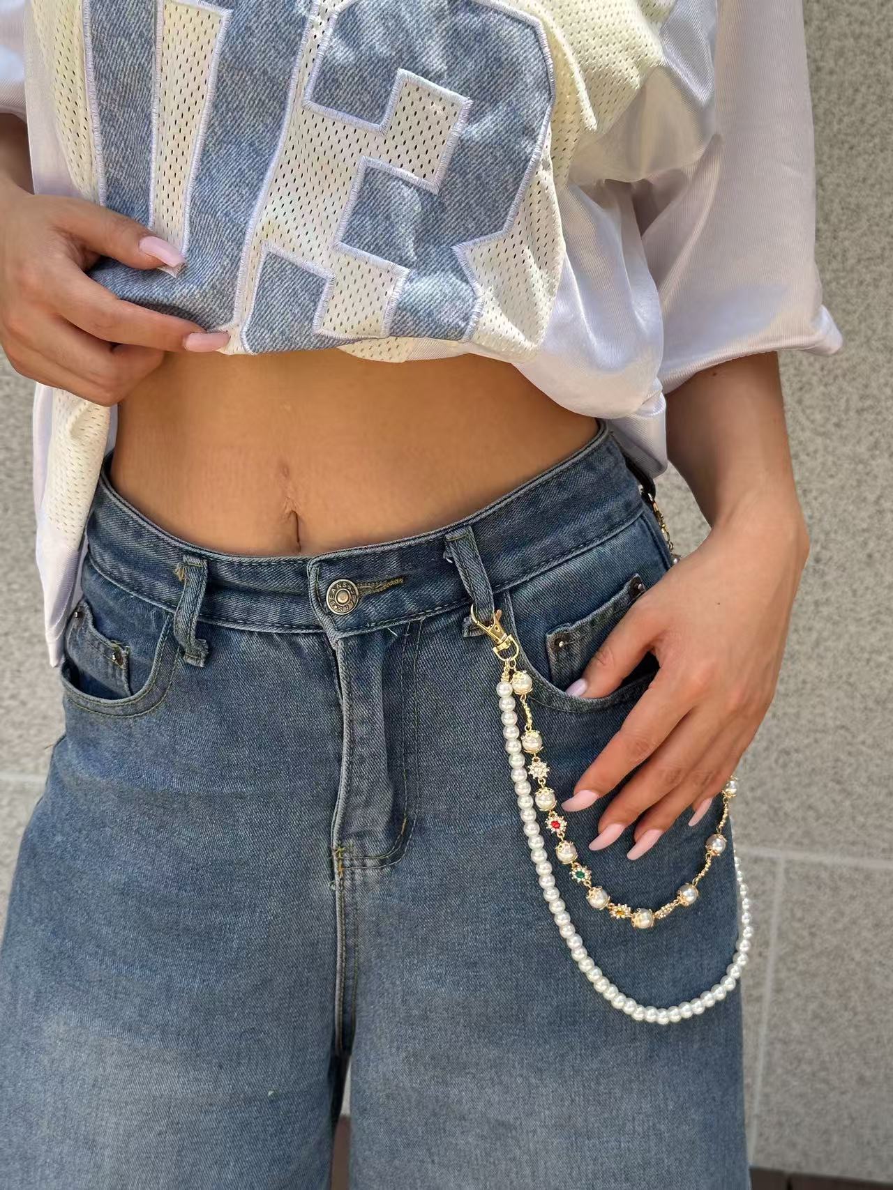 Catenina da vita in metallo stile hip-hop con perle e design floreale unisex