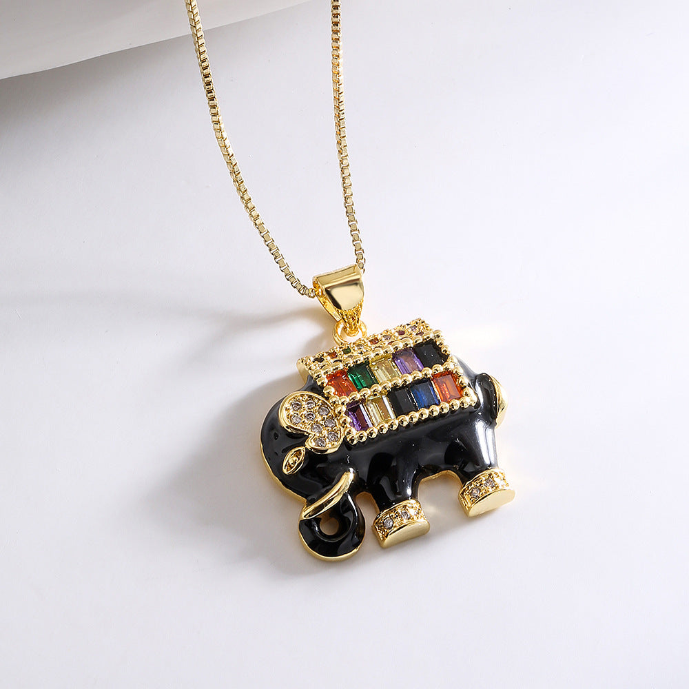 Minimalist Elephant-Shaped Enamel Pendant Necklace for Women with Brass Base and Mixed-Color Zircon Inlay