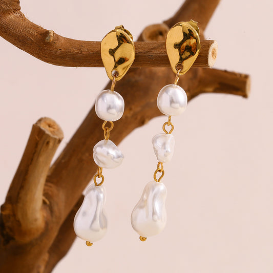 Fashionable OL Style Geometric Stainless Steel Earrings with 18K Gold Plating and Three Simulated Pearl Pendants for Women