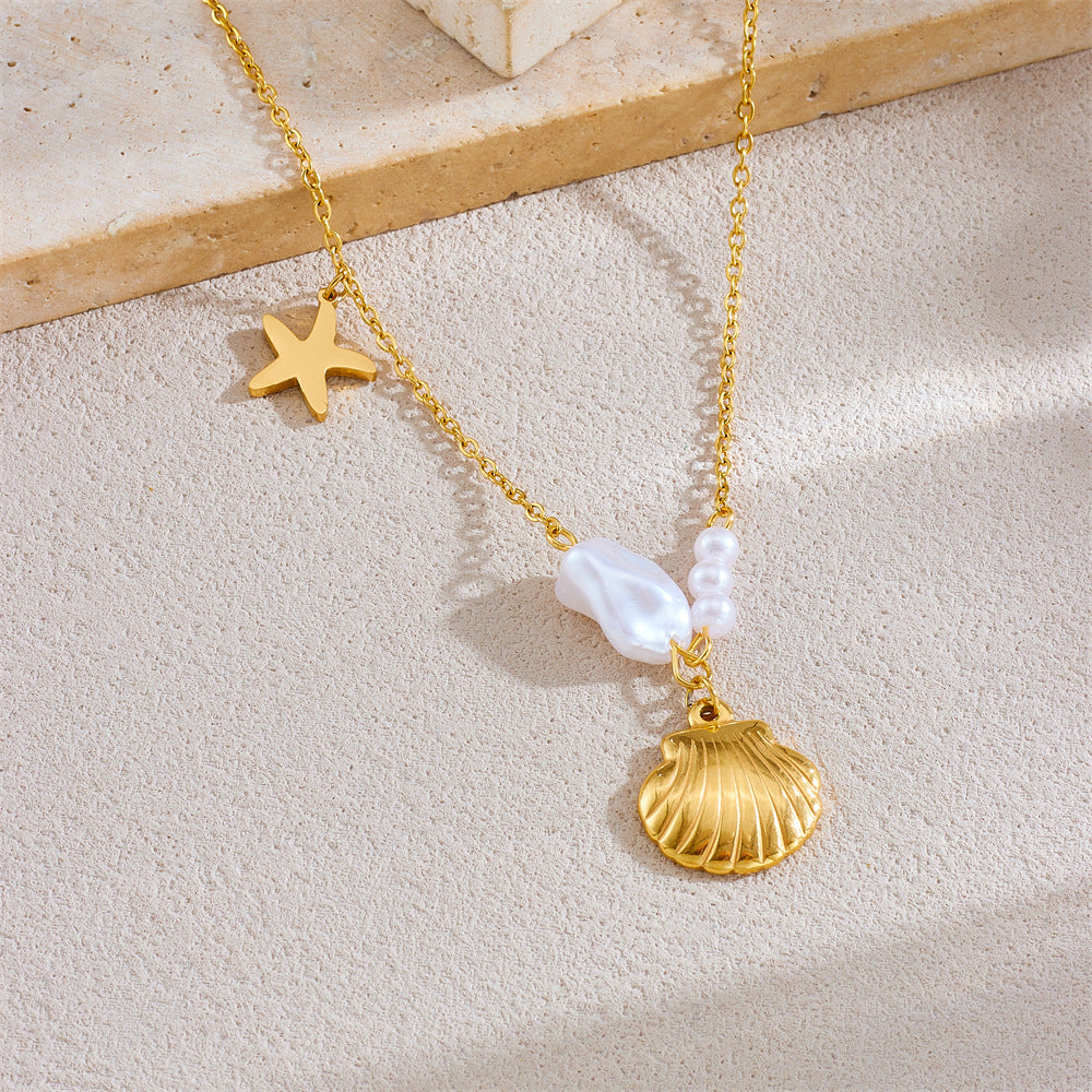 Collar Minimalista de Estrella de Mar y Concha Irregular en Acero Inoxidable con Baño de Oro en Cadena O para Mujer