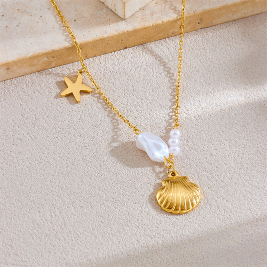 Collar Minimalista de Estrella de Mar y Concha Irregular en Acero Inoxidable con Baño de Oro en Cadena O para Mujer