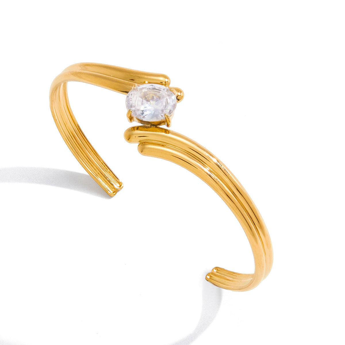 Pulsera de aro abierta minimalista geométrica de acero titanio con circonitas para mujer