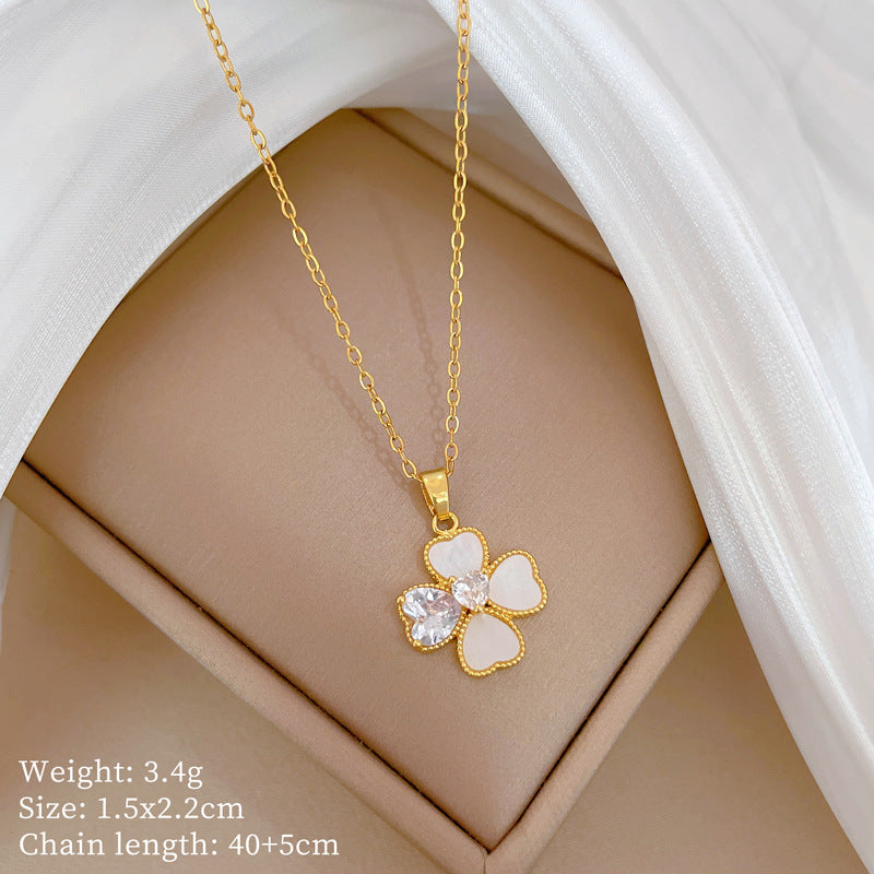 Luxury Titanium Steel Geometric Shell and Four-Leaf Clover Necklace and Earrings Set for Women