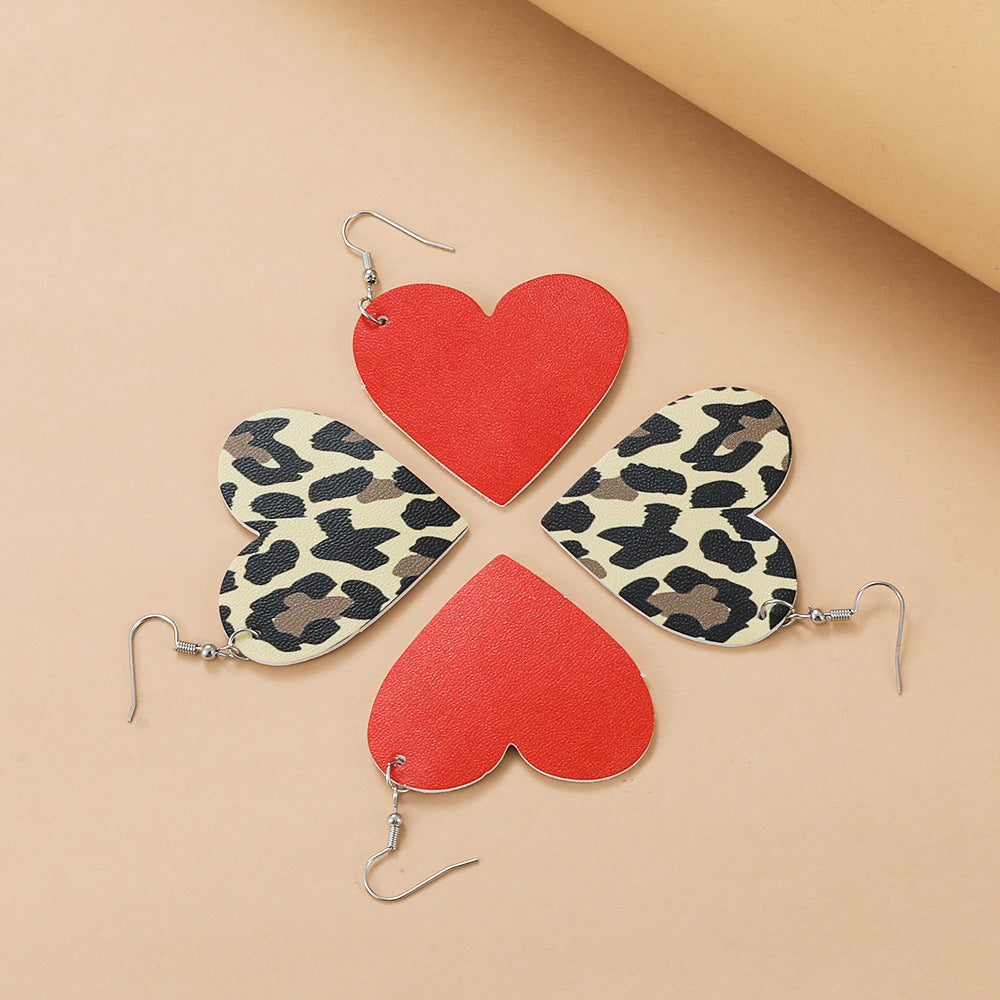 Casual Heart Shaped Leather Earrings with Checkered Gradient Leopard Print for Women