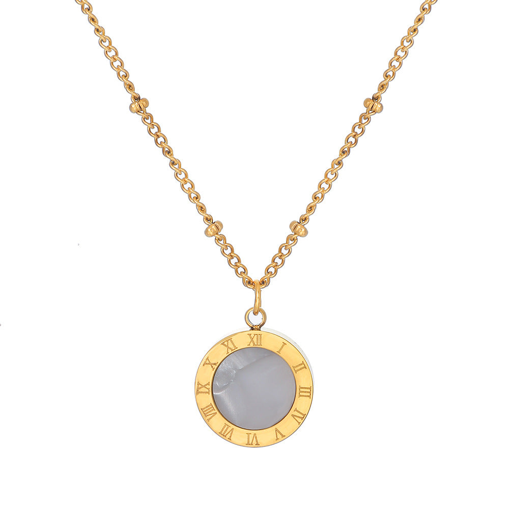Minimalist Geometric Titanium Steel Black and White Abalone Double-Sided Roman Necklace for Women with Plated Finish Snake Chain