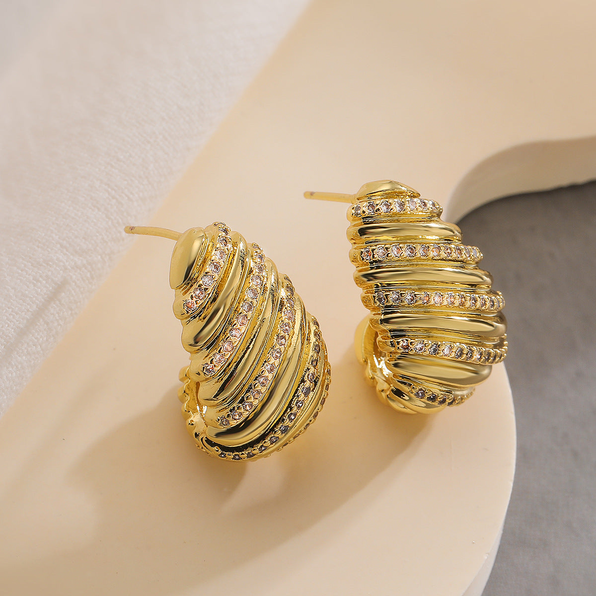 Minimalist Geometric Copper Earrings with 18K Gold Plating and Zircon Inlay for Women