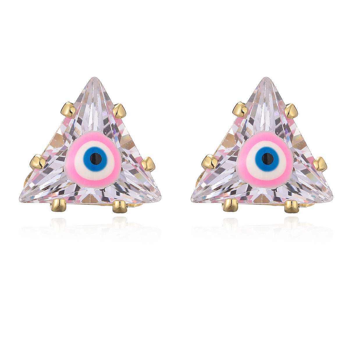 Minimalist Geometric Evil Eye Triangle Stud Earrings for Women in Brass with Micro-Pave Zirconia