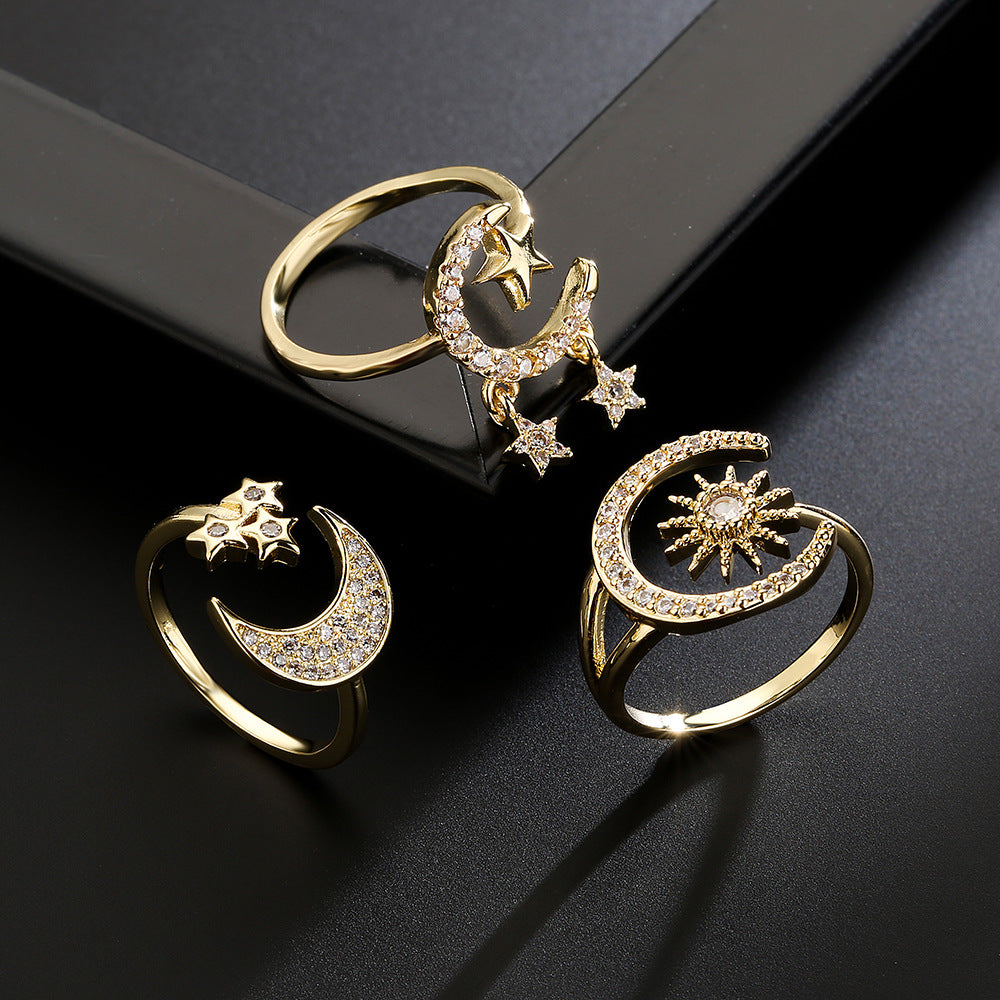 Anello aperto in stile europeo con stella e luna geometriche, placcato oro 18K su rame, zirconi micropavé, gioielli da donna
