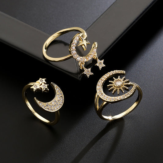 European Style Geometric Star and Moon Open Ring 18K Gold Plated Copper Micro-Paved Zircon Women Jewelry
