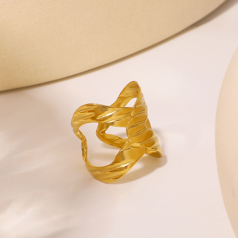 Vintage Cross Texture Open Ring 18K Gold Plated Stainless Steel Adjustable Geometric Line Jewelry Unisex