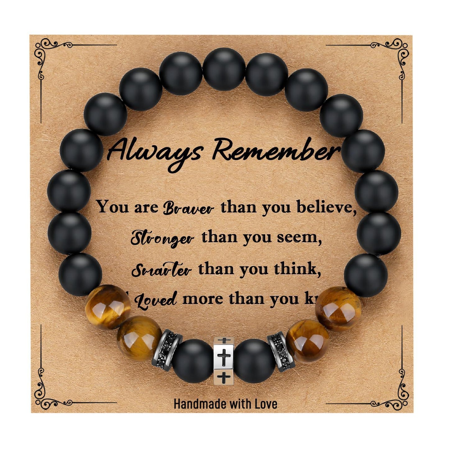 Matte Geometric Cross Tiger Eye Beaded Bracelet Stainless Steel Elastic Bangle