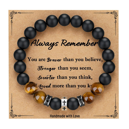 Matte Geometric Cross Tiger Eye Beaded Bracelet Stainless Steel Elastic Bangle