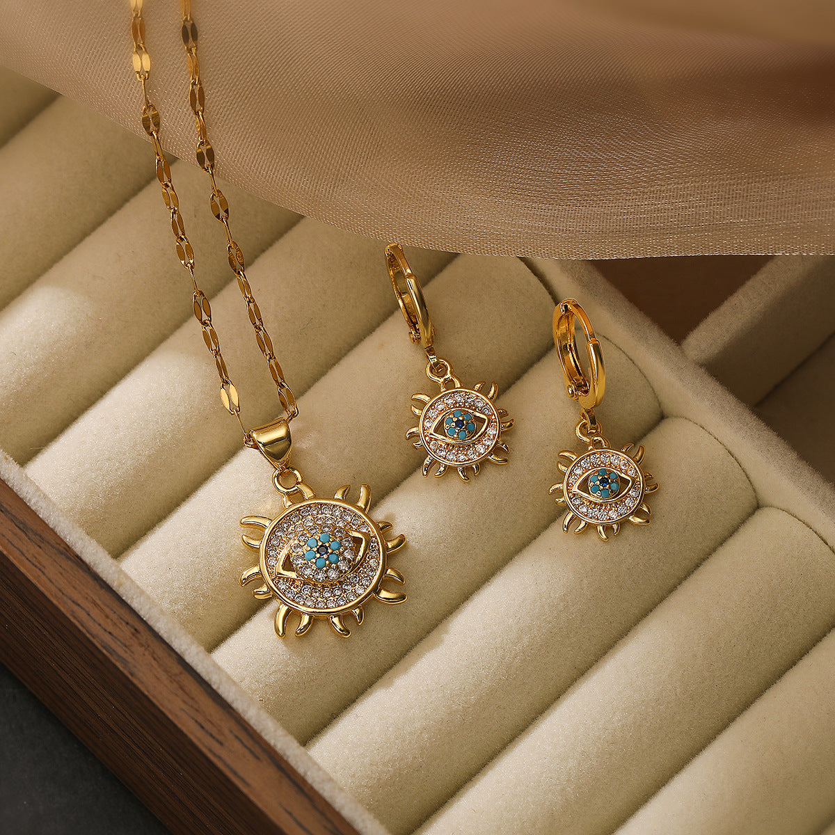 Vintage Geometric Evil Eye 18K Gold Plated Copper Zircon Inlay Jewelry Set for Women