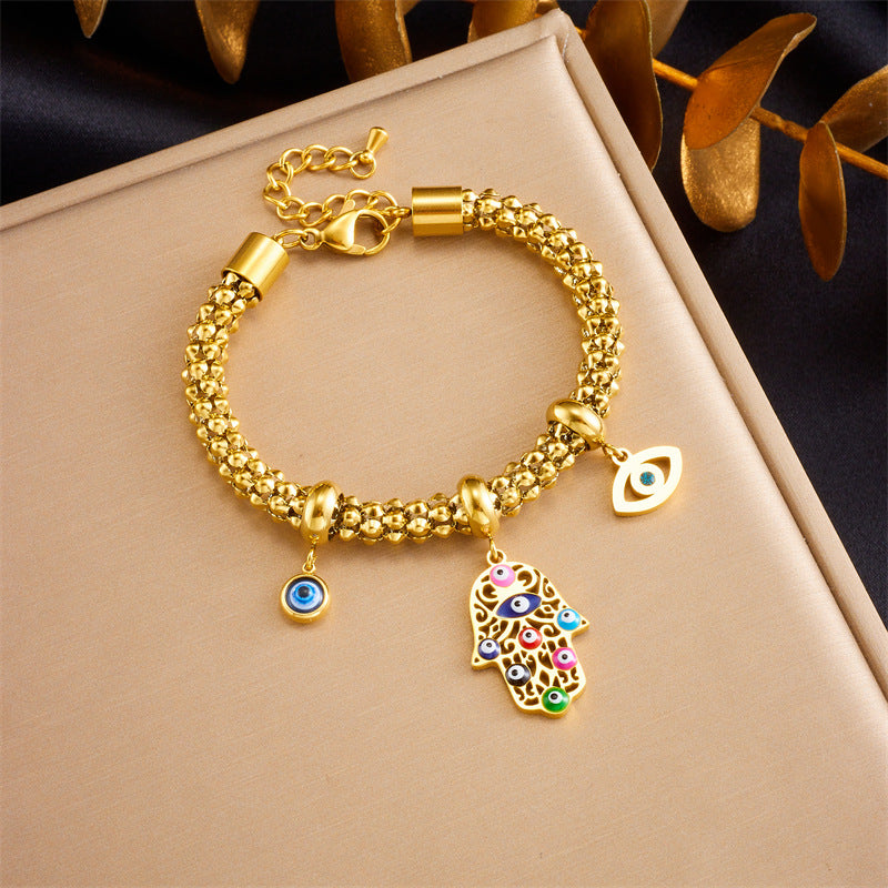 Vintage-Style Gold-Plated Stainless Steel Enamel Evil Eye Hand Charm Bracelet for Women