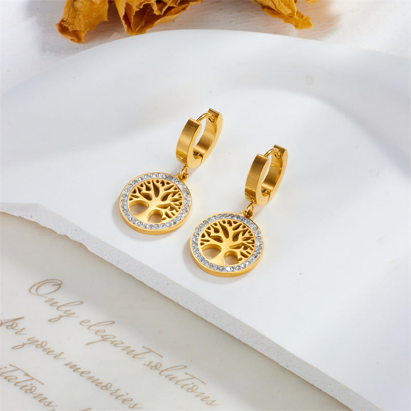 Pendientes Minimalistas Redondos Geométricos Árbol de la Vida Vintage de Acero de Titanio con Incrustaciones de Diamantes de Imitación para Mujer