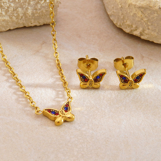 Parure Collana e Orecchini in Acciaio Inossidabile Placcato Oro 18K con Zirconi e Farfalla Elegante