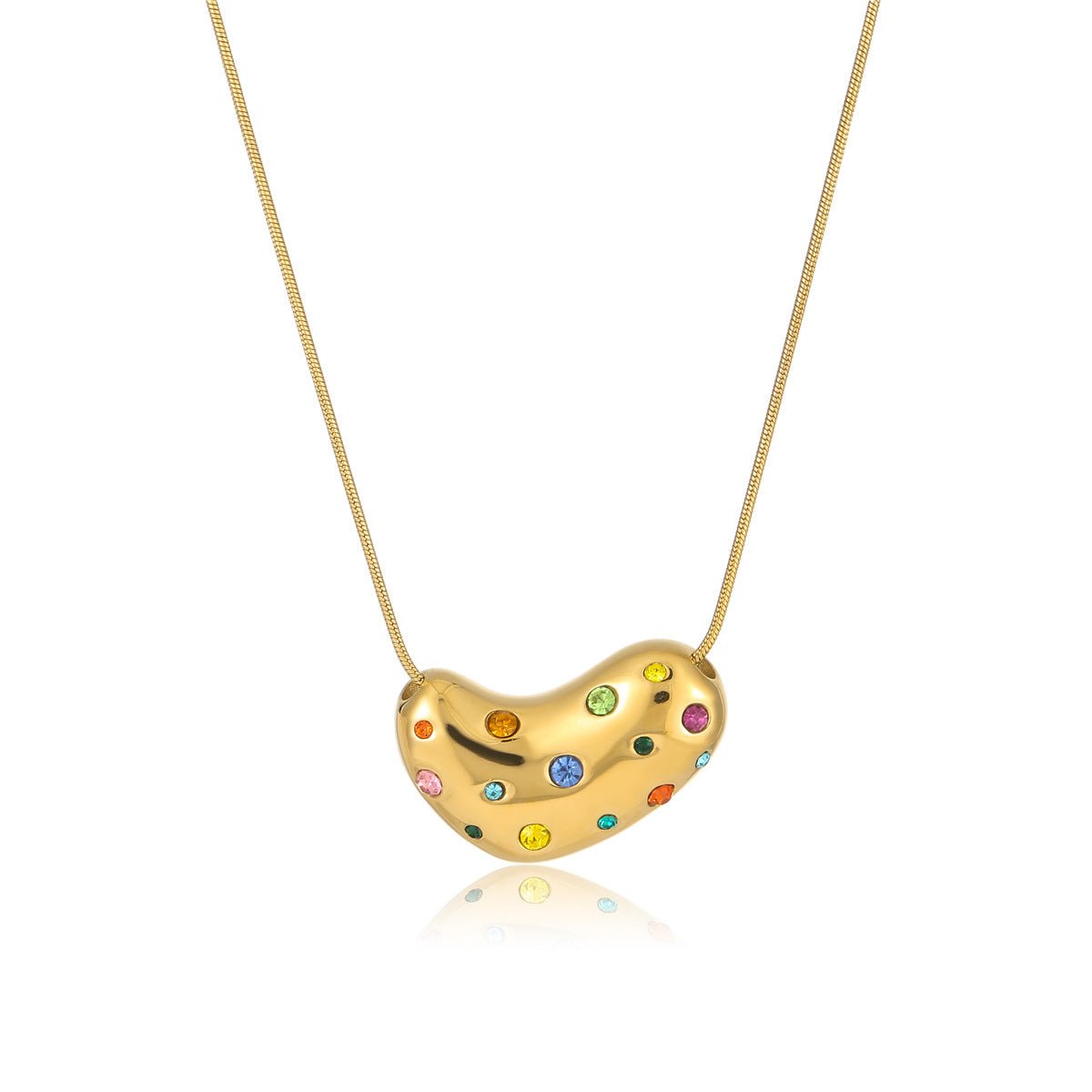 Minimalist Geometric Titanium Steel Snake Chain Necklace with 18K Gold Plated Heart Pendant and Colored Zircon Inlay