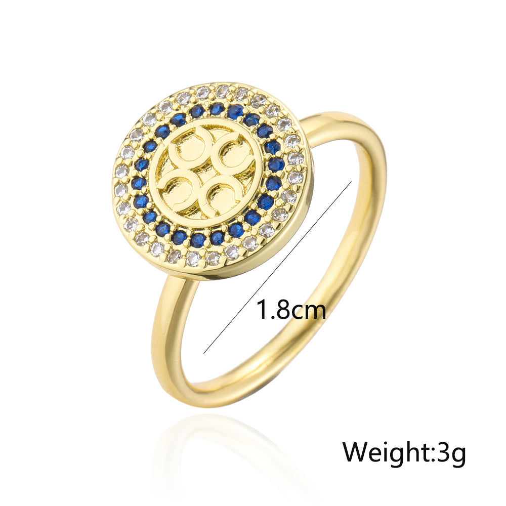 Anello aperto da donna vintage geometrico blu e bianco con zirconi, realizzato in rame con placcatura in oro vero
