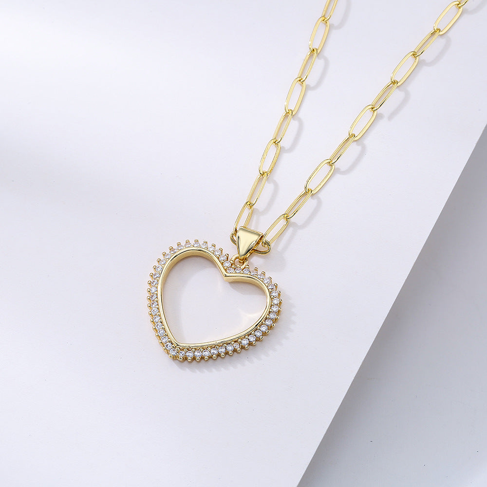 Minimalist Hollow Heart Pendant Necklace in Copper with Real Gold Plating and Zircon Inlay for Women