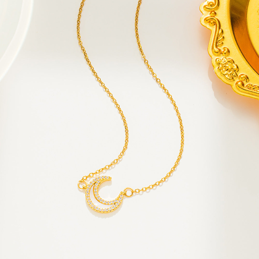 Collana Minimalista in Acciaio al Titanio a Forma di Luna con Intarsio in Madreperla e Strass, Catena a O, Delicata Collana da Donna per Clavicole