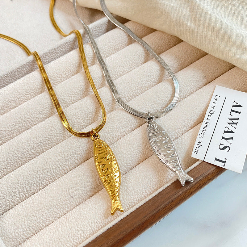 Vintage Fish Titanium Steel Plated Necklace with Snake Chain