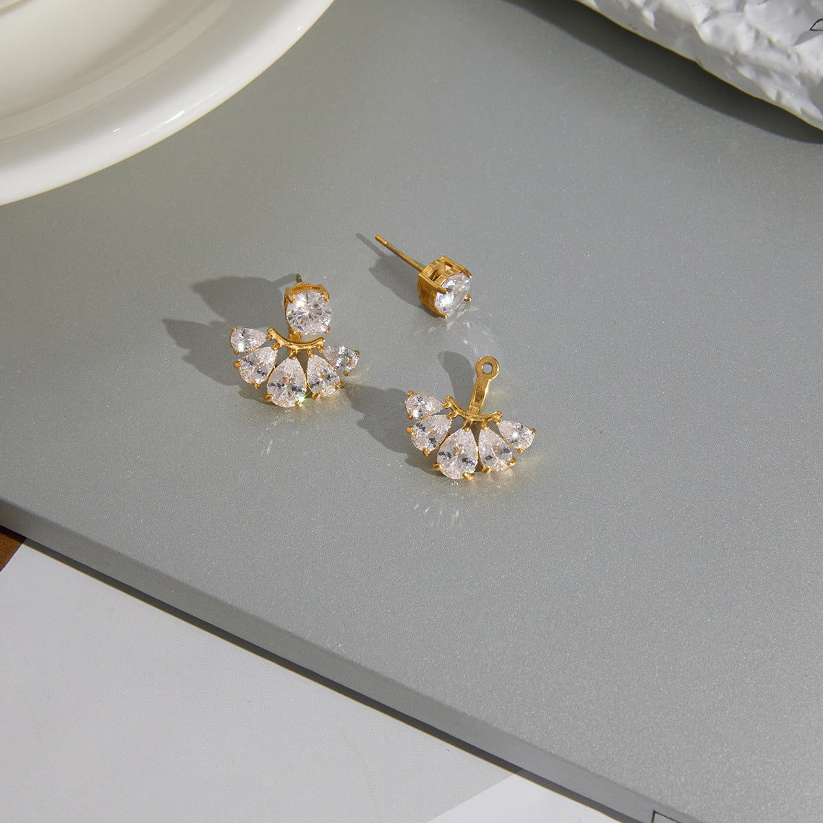 Elegant Geometric Fan Shape Cubic Zirconia Inlay PVD Stainless Steel Earrings for Women