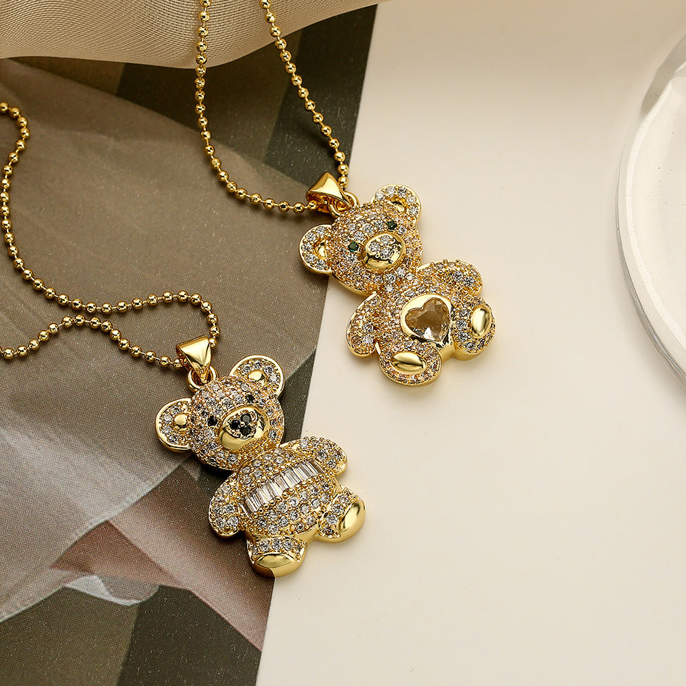Collana Pendente Minimalista a Forma di Orso in Rame Placcato Oro 18K con Dettagli in Zircone per Donne