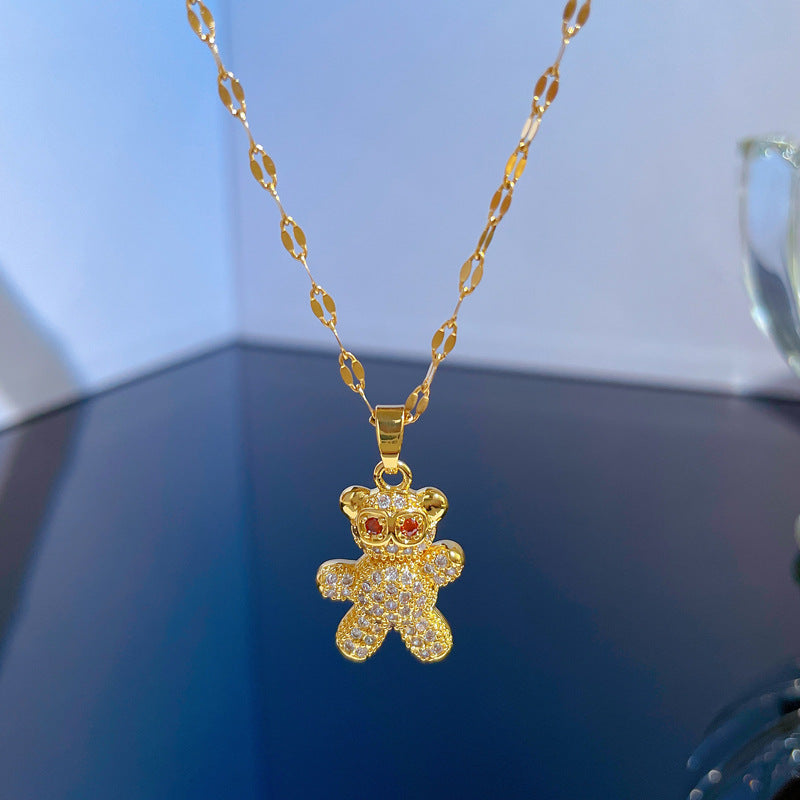 Luxury Minimalist Bear-Shaped Titanium Steel Necklace with Micro-Pave Rhinestone Accents for Women