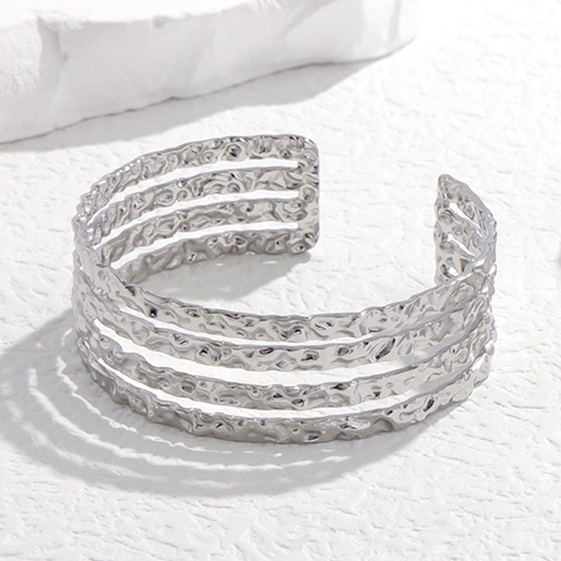 Adjustable Titanium Steel Bracelet for Women with Geometric Line Design Electroplated Finish Statement Cuff
