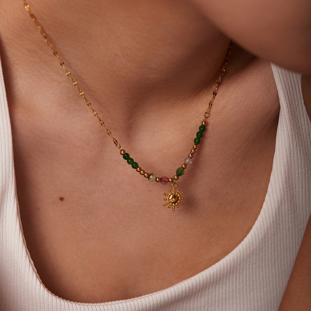 Collana con pendente geometrico a forma di sole in acciaio inossidabile placcato oro 18 carati, stile vintage francese, da donna