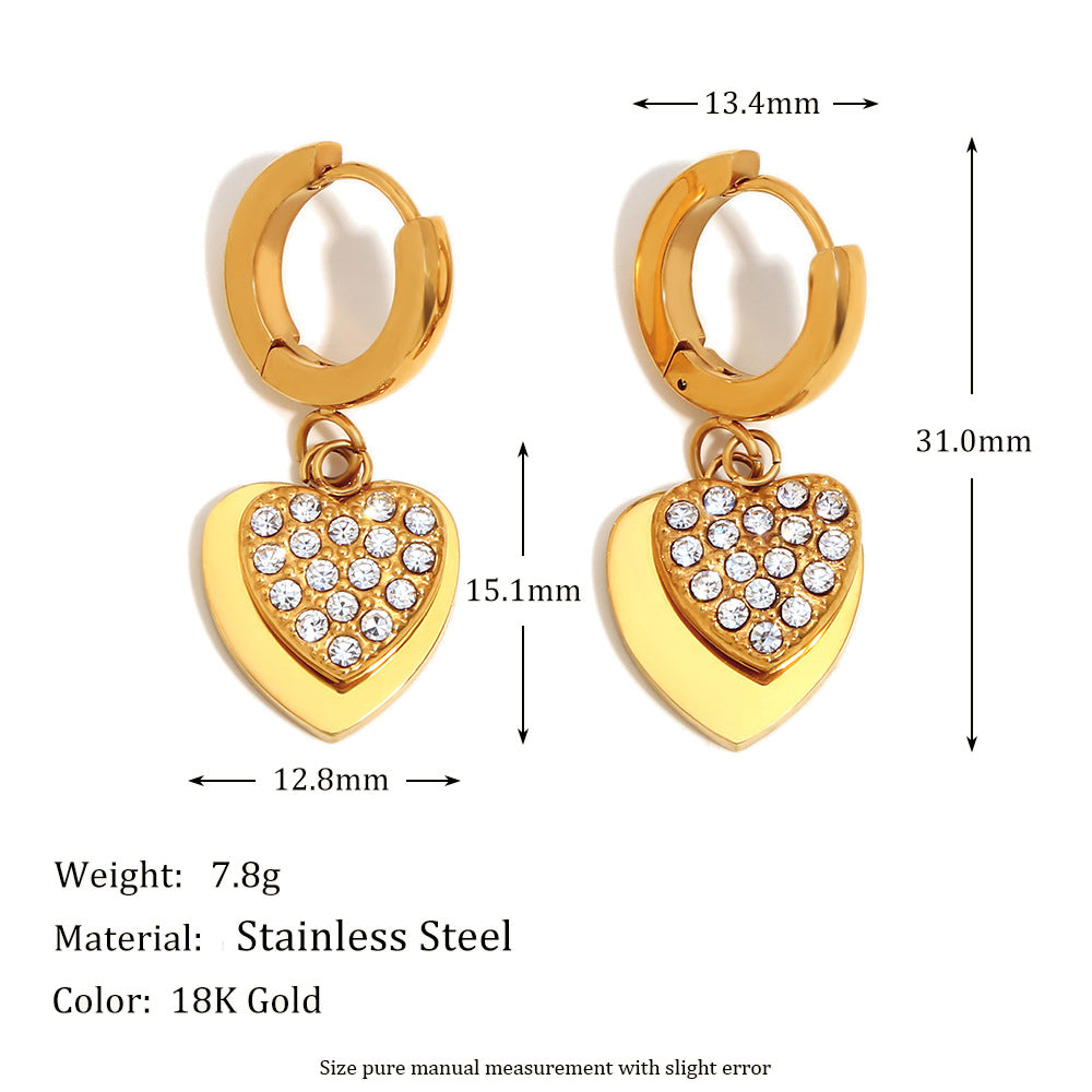 Minimalist Heart-Shaped Stainless Steel Earrings with 18K Gold Plating and Zircon Accents for Women