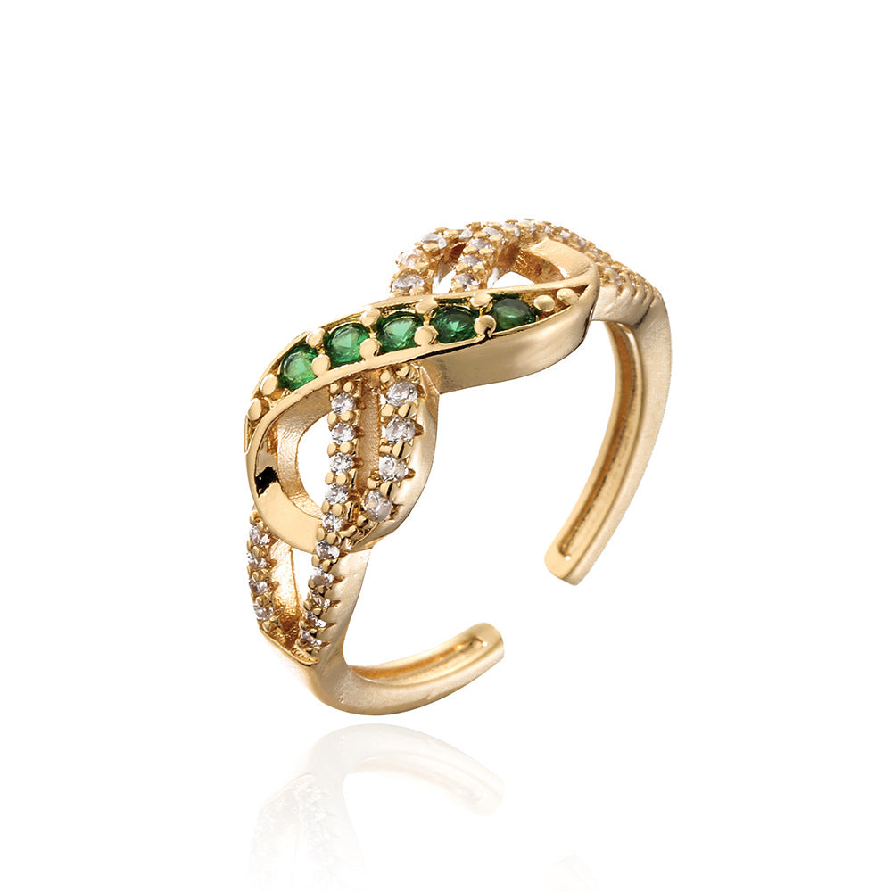Anello aperto geometrico minimalista da donna in ottone placcato oro 18 carati con intarsio di zirconi