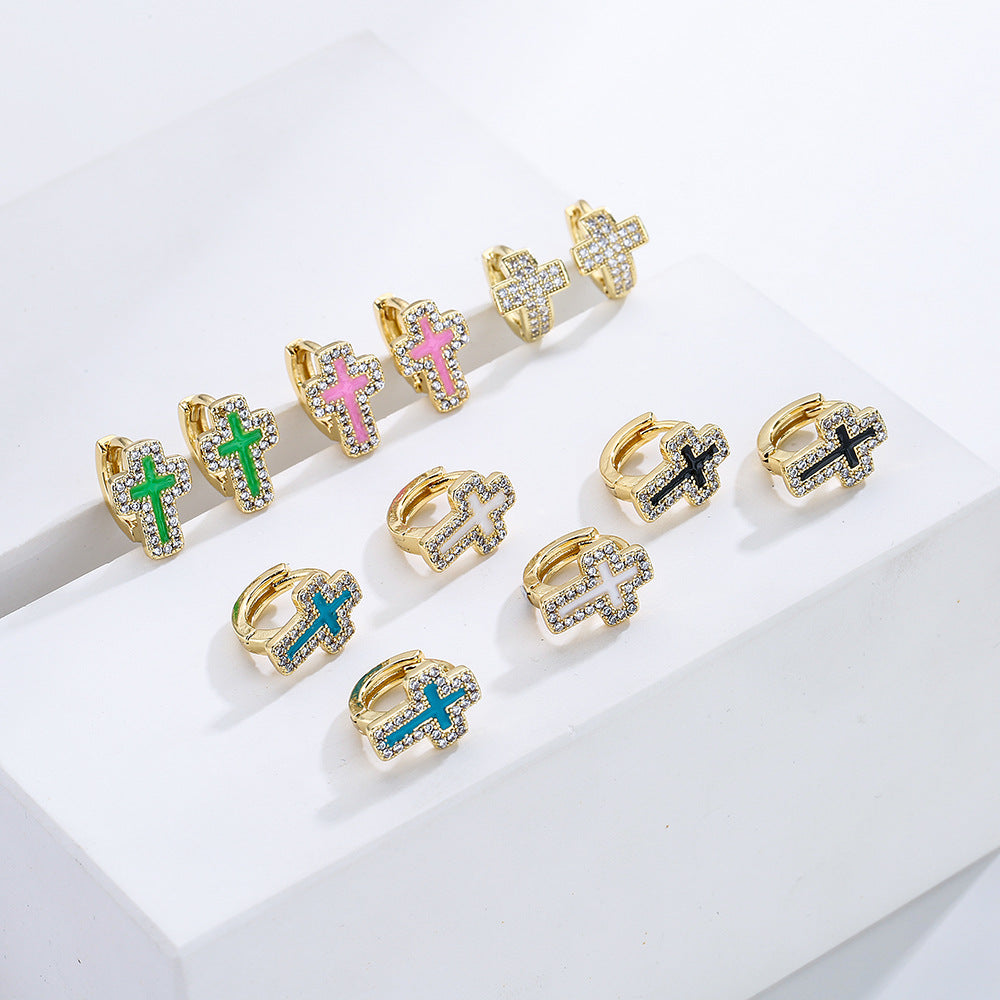 Orecchini geometrici minimalisti in rame placcati in oro 18 carati con smalto in zirconia micro-pavé