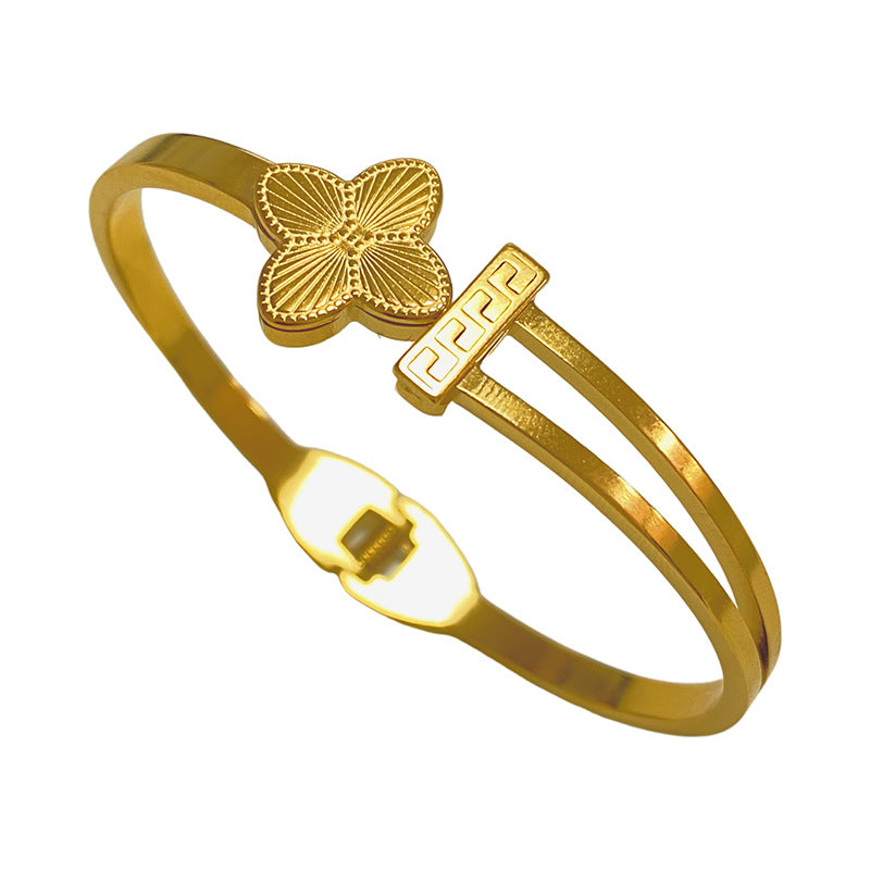 Minimalist Laser Plated Floral Titanium Steel Open Cuff Bracelet