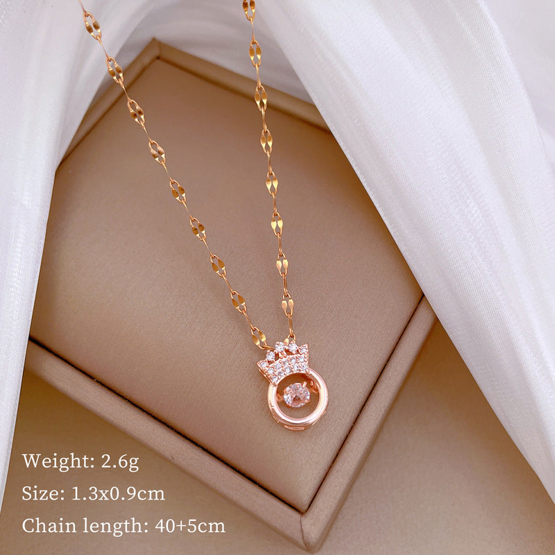 Luxury Minimalist Sweet Geometric Rhinestone Pendant Necklace for Women Titanium Steel O-Chain