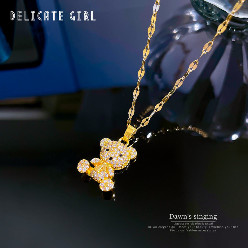 Elegant Titanium Steel Micro-Paved Bear Pendant Necklace for Women Geometric Locket Chain Delicate Clavicle Jewelry