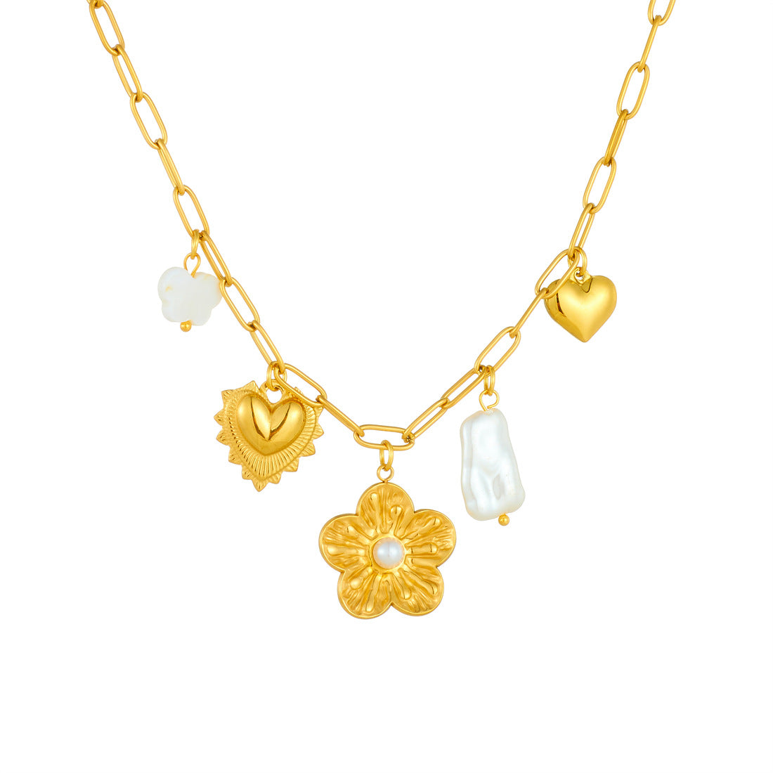 Gold Plated Stainless Steel Geometric Heart Floral Pendant Necklace with Imitation Pearl Curb Chain for Women