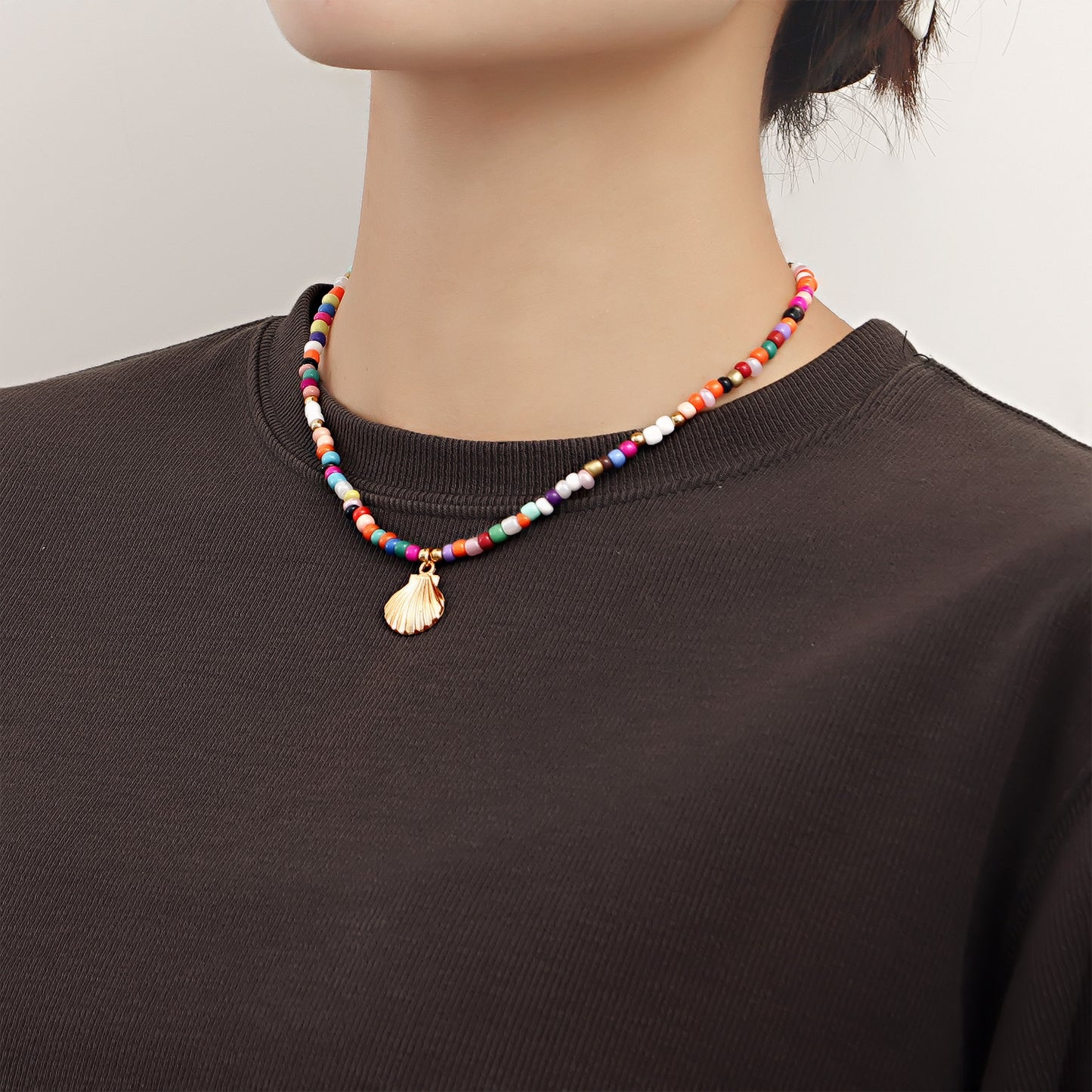 Bohemian Style Large Beaded Necklace with Shell Pendant for Women, Alloy Chain with Plated Finish, Geometric Design Collar Necklace