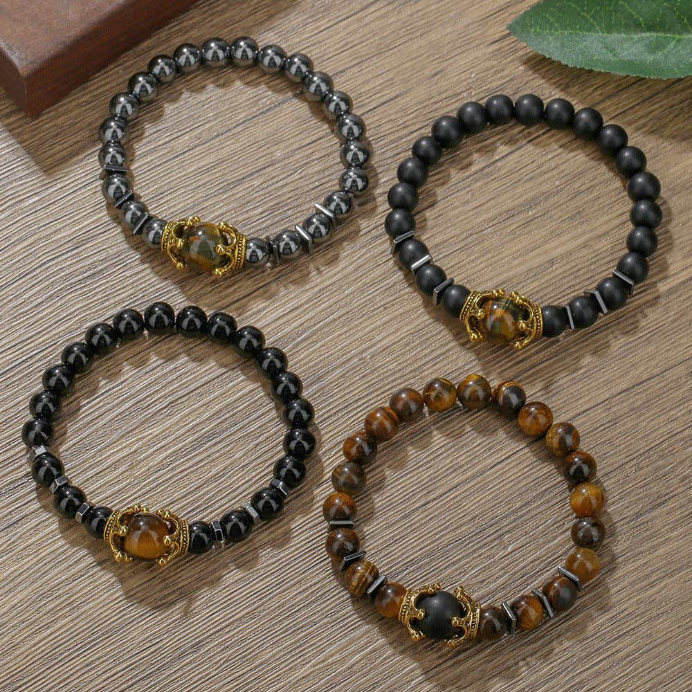 Luxury Punk Geometric Alloy Crown Bracelet with Tiger Eye and Hematite for Men and Women
