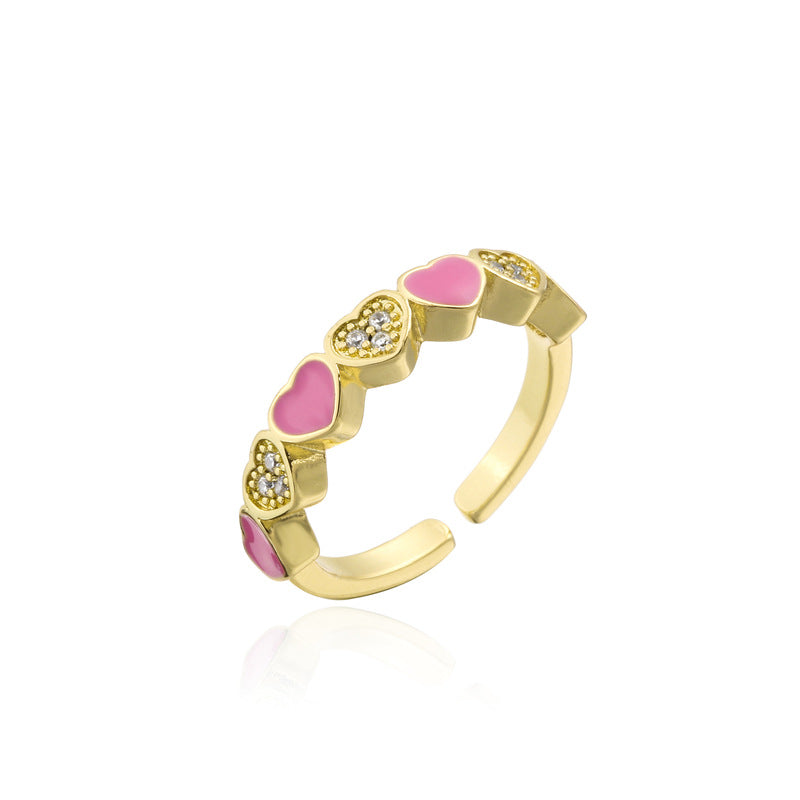 Drip Oil Heart Shaped Brass Ring with Micro-Inlaid Cubic Zirconia for Women