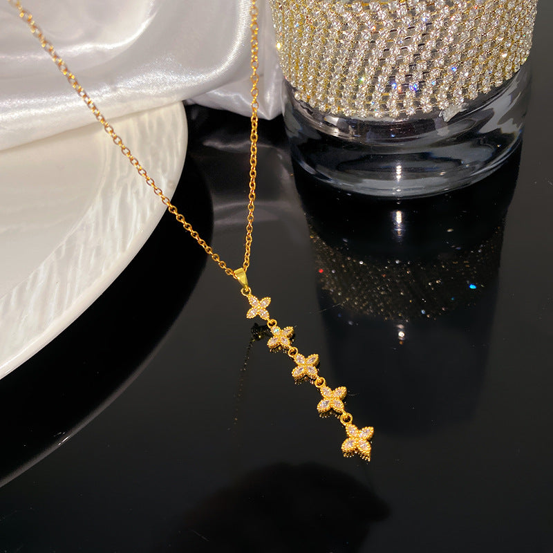 Micro-Paved Cubic Zirconia Star Floral Tassel Titanium Steel Necklace for Women