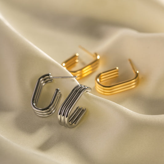 Minimalist Geometric Stainless Steel Earrings with 18K Gold Plating Triple U-Shaped Hoop Design