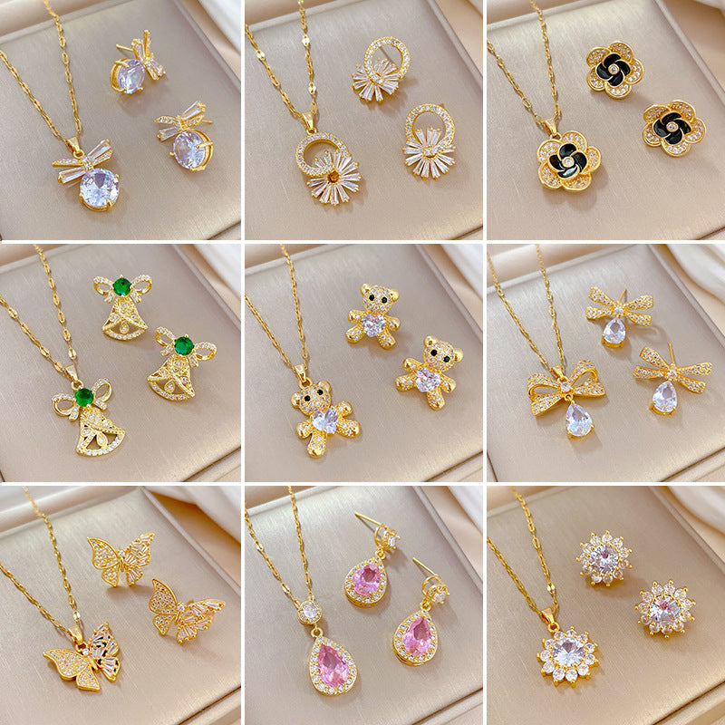 Luxury Fresh and Sweet Plated Brass Zircon Micro-Pave Earrings and Necklace Set