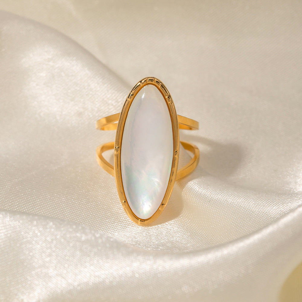 Anello da donna in acciaio inossidabile in stile INS con intarsi in conchiglia di abalone naturale placcato oro 18K