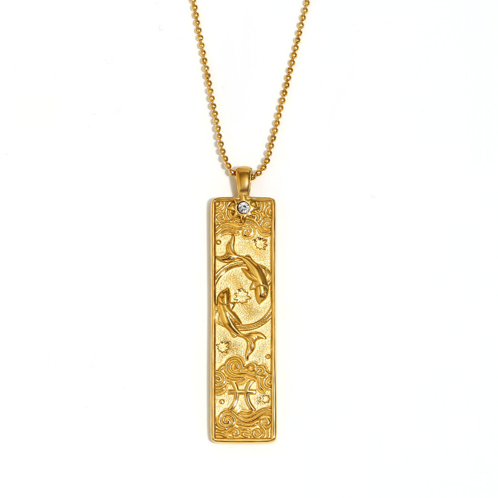 Vintage Geometric Zodiac Pendant Necklace for Women Stainless Steel with 18K Gold Plating Square Charm