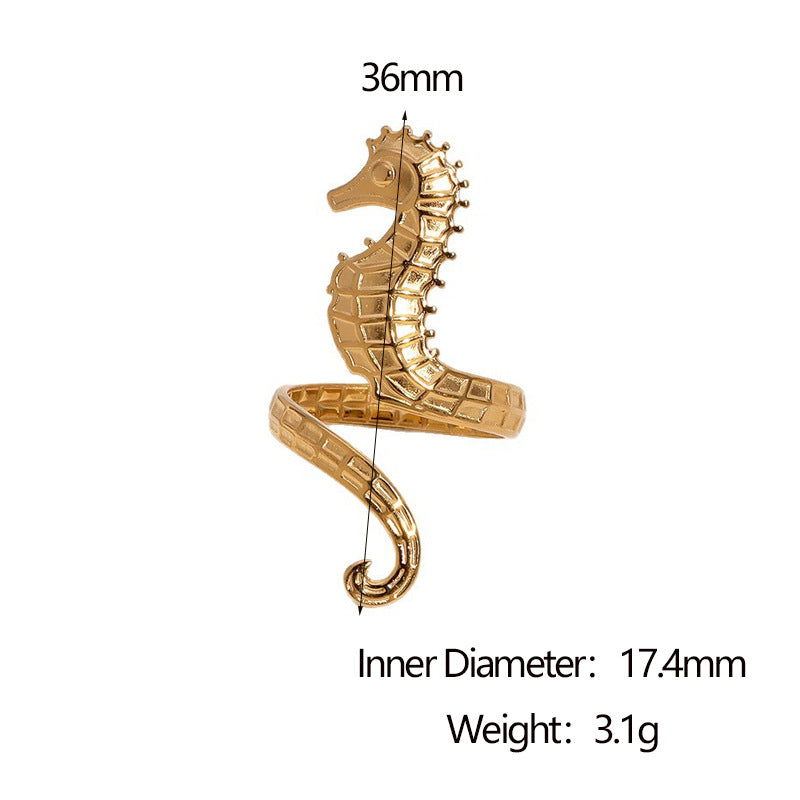 Anello aperto da donna minimalista con cavalluccio marino in acciaio inossidabile placcato oro 18K