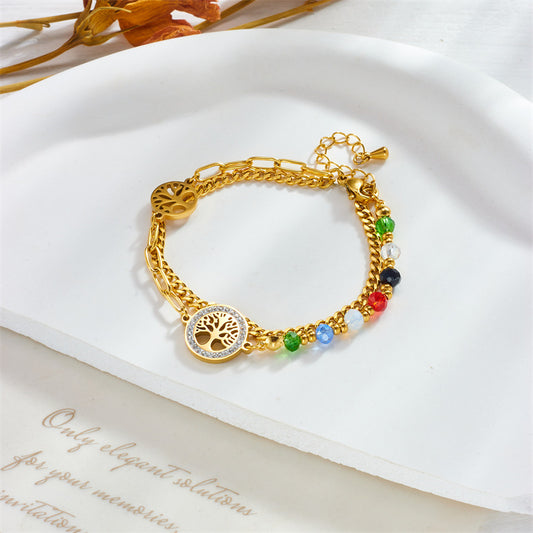 Pulsera de doble capa, con acabado chapado, estilo vintage a la moda, diseño irregular de árbol de la vida, de acero inoxidable